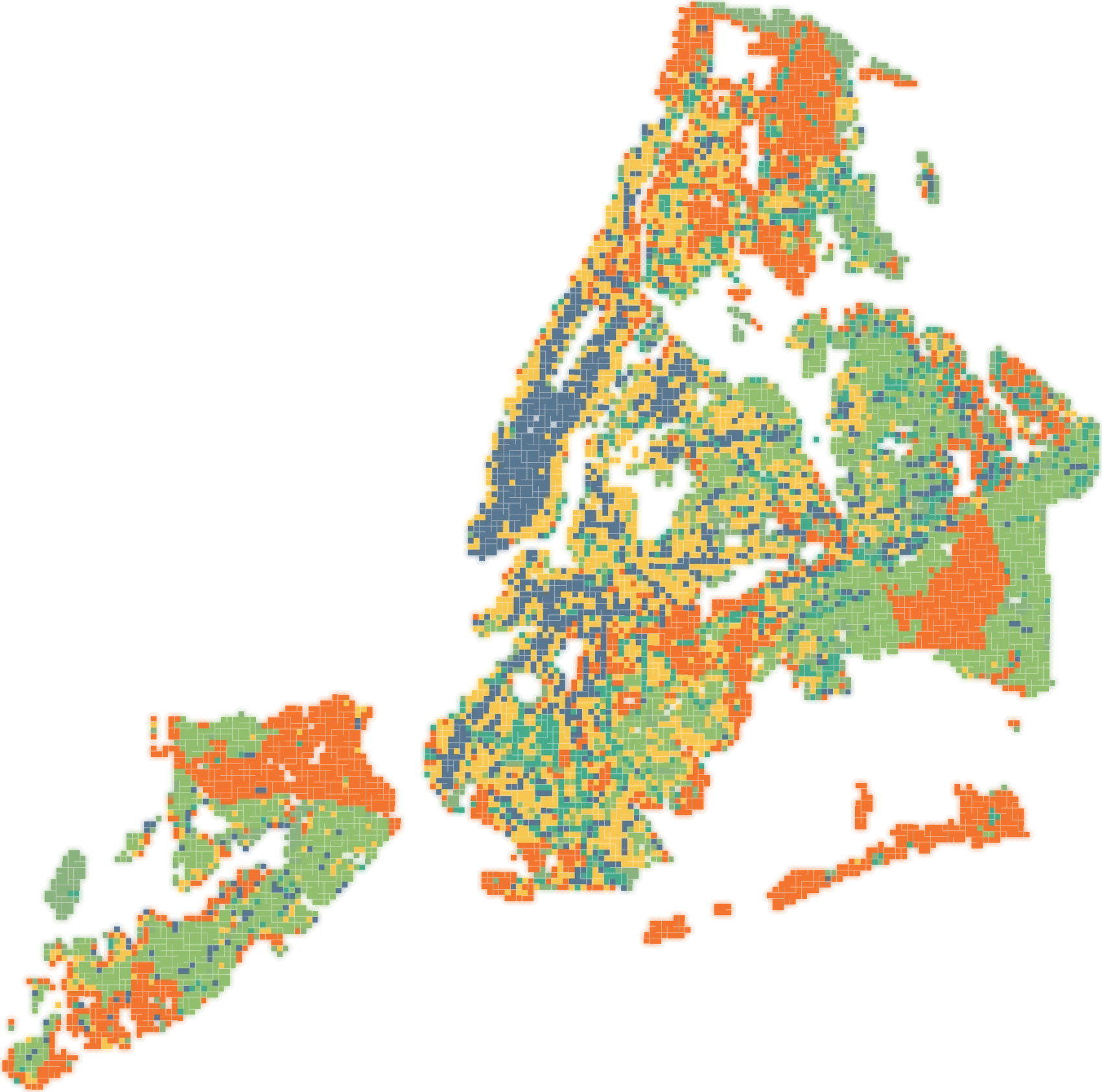 New York City on a 250-metre grid, each populated cell coloured by its best-matched cooling intervention